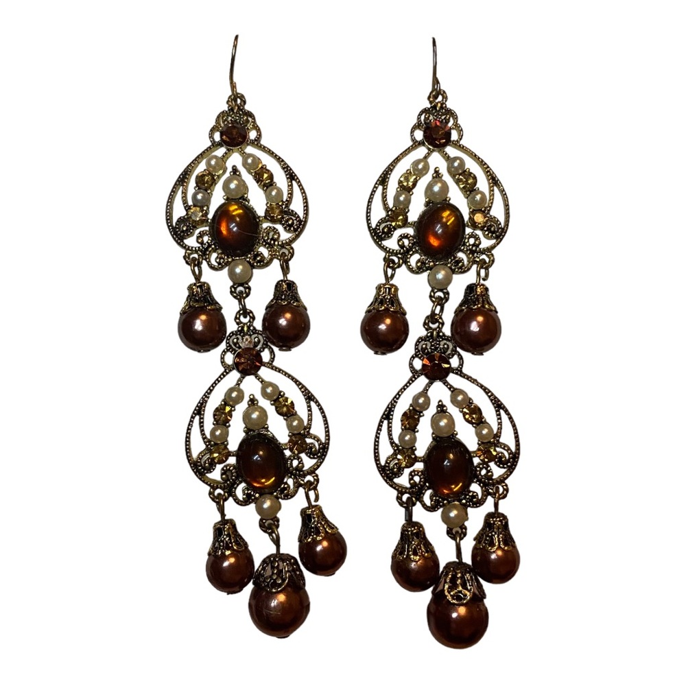 Chocolate Brown/White Pearl & Rhinestone Chandelier Earrings